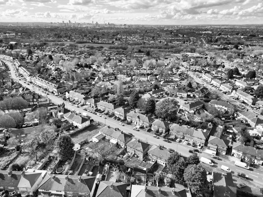 Black and white aerial photograph of a suburban residential neighbourhood showing rows of terraced houses and semi-detached homes with pitched roofs, front gardens, and parked cars along the streets. The scene includes trees lining the roads and backyard gardens, with an open landscape and a distant city skyline visible on the horizon under a partly cloudy sky. In the foreground, some houses have visible backyards with garden structures and fencing. The image captures the dense housing layout typical of a home relocation or moving context in the North Sheen area. The vantage point emphasizes the scale and organization of the neighbourhood, useful for illustrating services related to house removals, furniture transport, or packing and moving processes provided by Man and Van North Sheen.