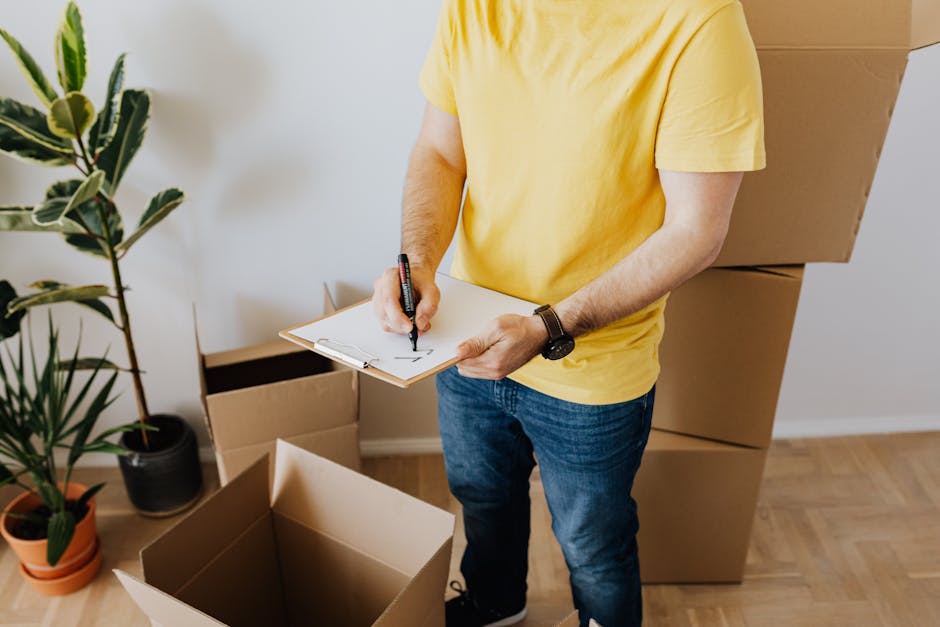 A man wearing a yellow T-shirt and blue jeans is inside a room, standing among several large cardboard boxes, some open and others stacked nearby, which are likely being used for packing during a home relocation. He is holding a clipboard in his left hand and writing with a black marker, possibly creating a furniture or box inventory as part of the planning process for a house move. The room features a light-colored wall and a wooden floor, with a potted plant positioned to the left, adding a touch of greenery. The scene suggests careful packing and organization, with the boxes ready for loading onto a van or vehicle, aligning with the procedures involved in residential removals, with [COMPANY_NAME] providing professional removals services. Good lighting illuminates the space, emphasizing the detailed packing preparations typical in furniture transport and moving logistics.