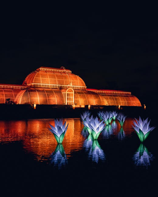 A large glass greenhouse structure with a domed roof is illuminated with warm orange lighting against a dark night sky. In front of the greenhouse, floating illuminated sculptures shaped like large open flowers with blue and purple petals are reflected on the water's surface. The scene appears to be part of a botanical garden or conservatory at night, with the greenhouse featuring arched windows and a symmetrical design. The ambient lighting highlights the architectural details of the building and the glow of the water-based sculptures, creating a visually striking contrast between the warm interior glow and the cool-toned floating art installations. The environment suggests a peaceful, curated outdoor setting, possibly related to a botanicalDisplay or nighttime garden event, with no visible people or vehicles in the image.