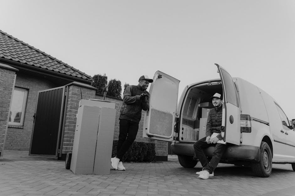 A man with a beard and wearing a black cap, white t-shirt, and jeans is standing inside the open rear of a large white van, which is parked on a paved street near residential buildings. He is holding a medium-sized cardboard box, with several other boxes of various sizes stacked around him inside the van. The boxes are sealed with packing tape and appear to be prepared for a home relocation. The van's interior is configured for furniture transport and packing, with some boxes stacked near the back doors and others arranged along the sides. Outside, the environment suggests daylight, and the scene depicts a loading process typical of house removals, with additional objects like protective packing materials likely present but not visible in the frame. The image relays a professional moving and packing service, exemplified by Man and Van North Sheen, emphasising their home removals and furniture transport activities.